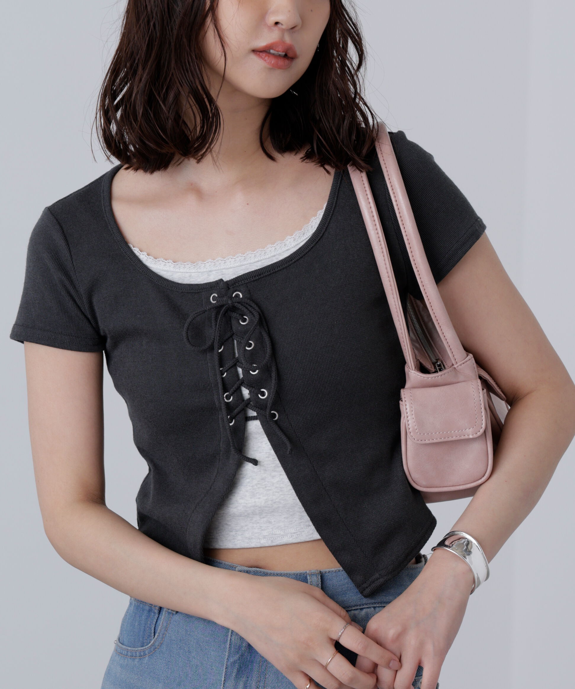  「レースアップレイヤードカットソー」|Tシャツ・カットソー|スミクロ