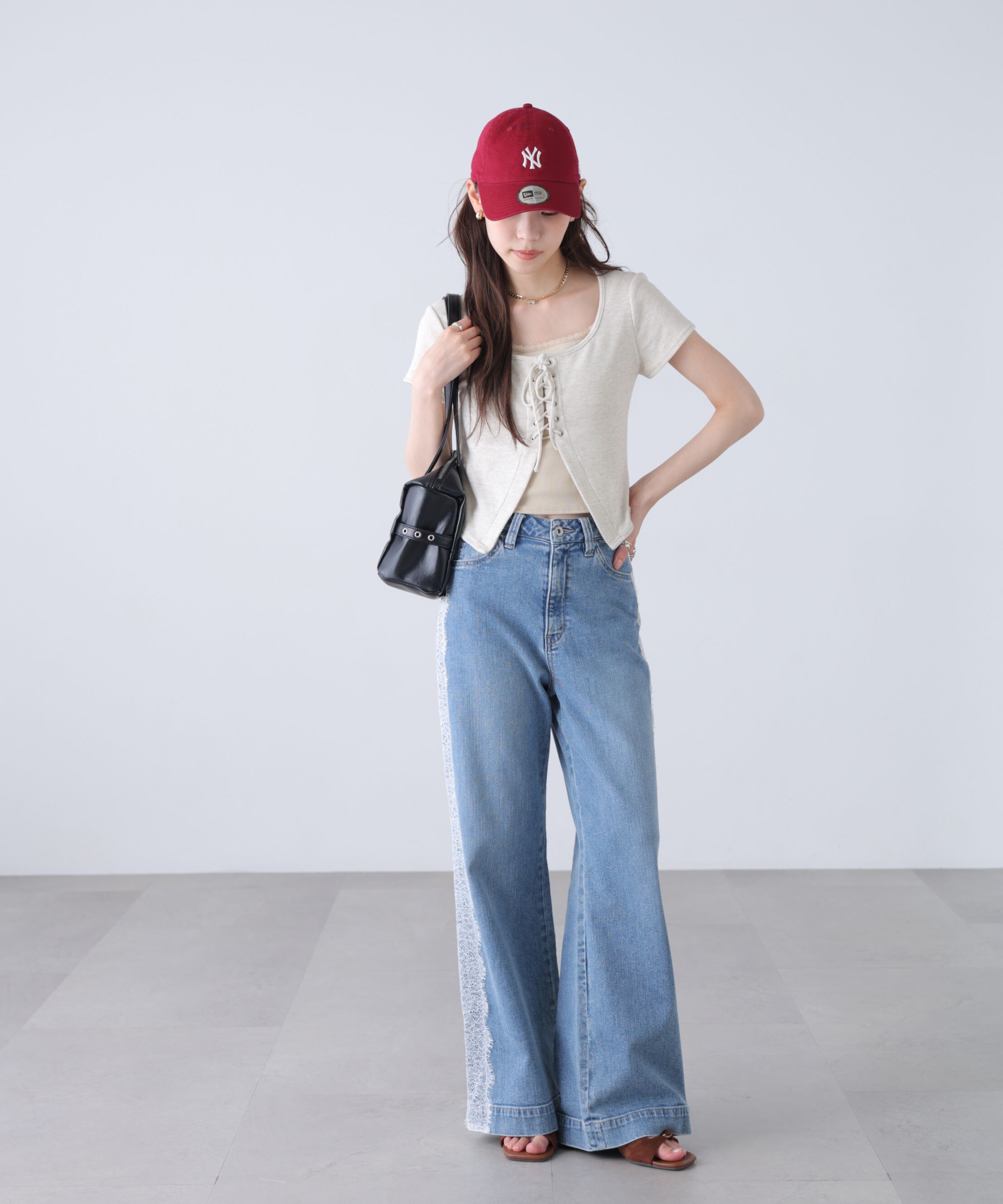  「レースアップレイヤードカットソー」|Tシャツ・カットソー|