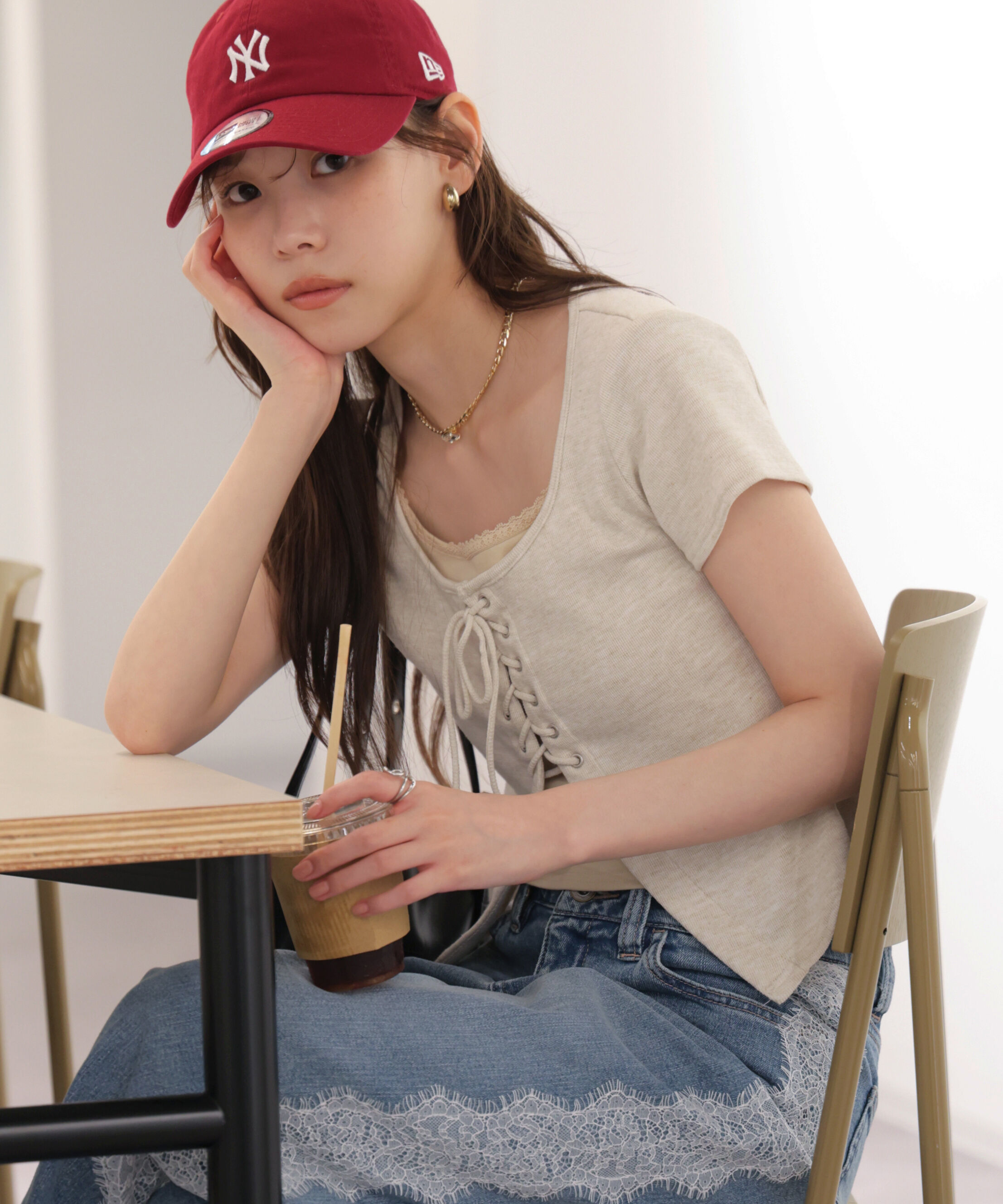  「レースアップレイヤードカットソー」|Tシャツ・カットソー|