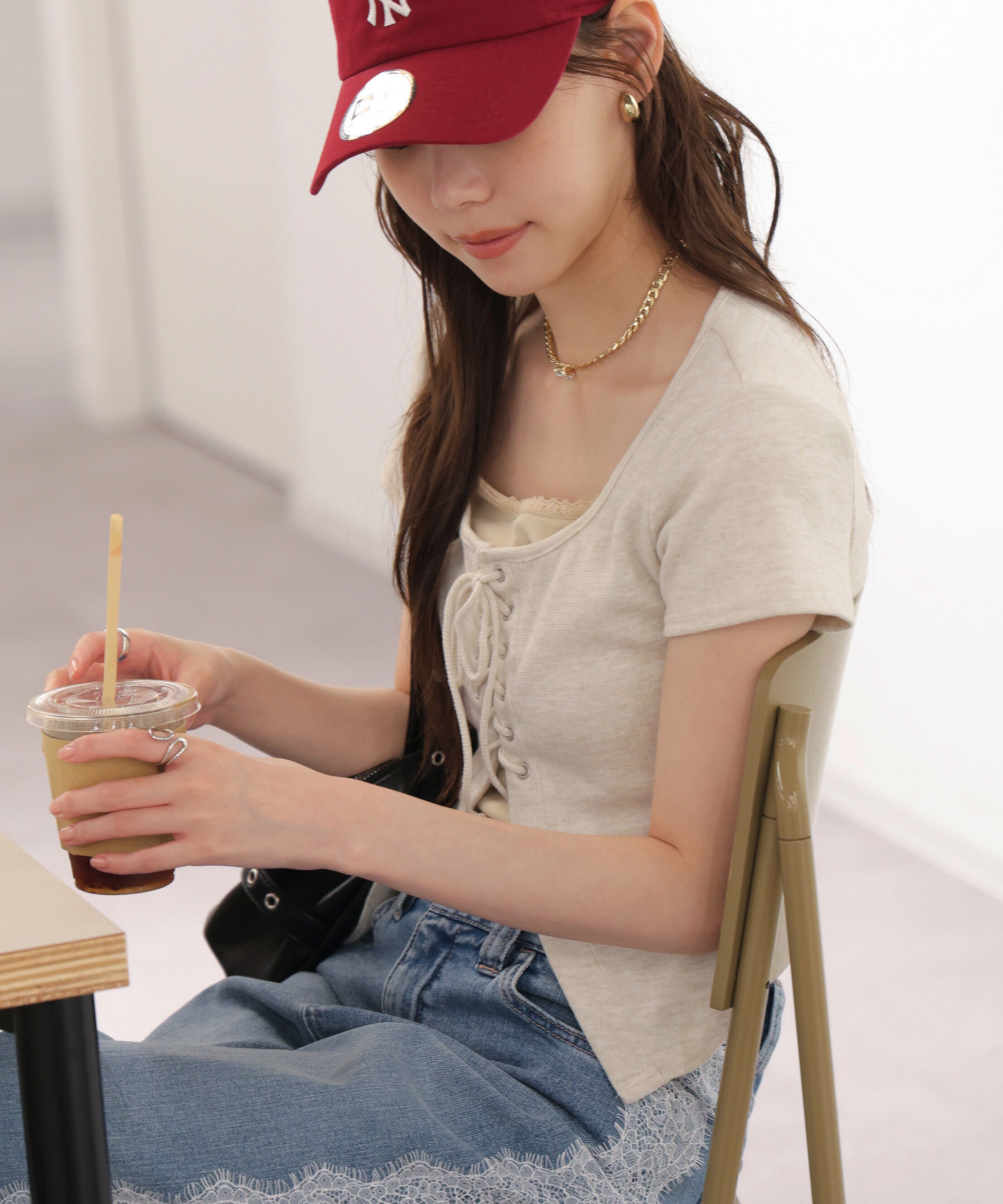 「レースアップレイヤードカットソー」|Tシャツ・カットソー|