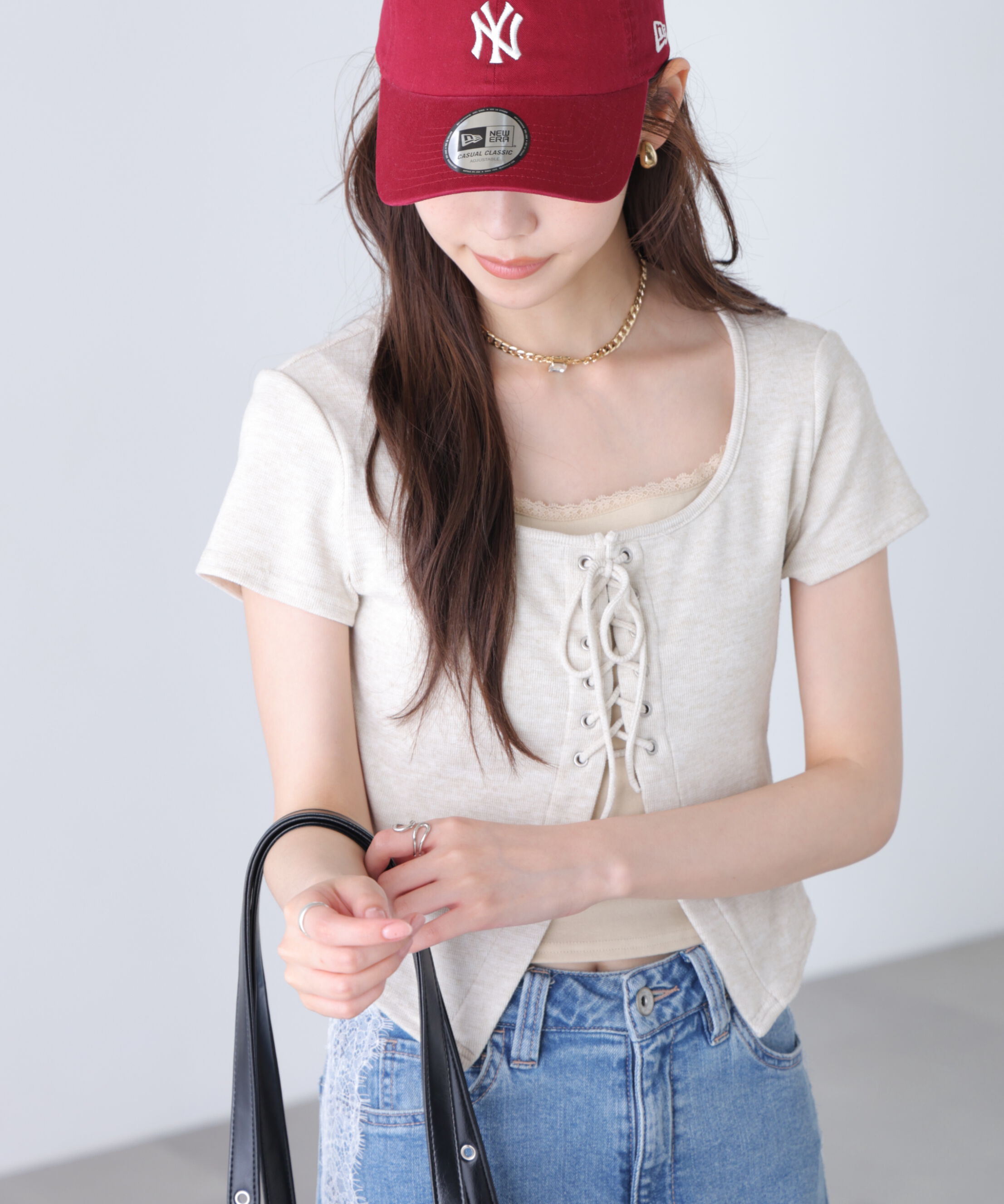  「レースアップレイヤードカットソー」|Tシャツ・カットソー|