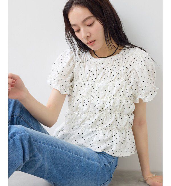 VIS「ドット＆無地アソート シャーリングデザインカットソー」|Tシャツ・カットソー|