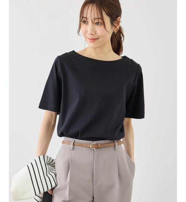 Rope&rsquo;Picnic「60シルケットボートネックハーフスリーブジャケットインナー」|Tシャツ・カットソー|ブラック(01)