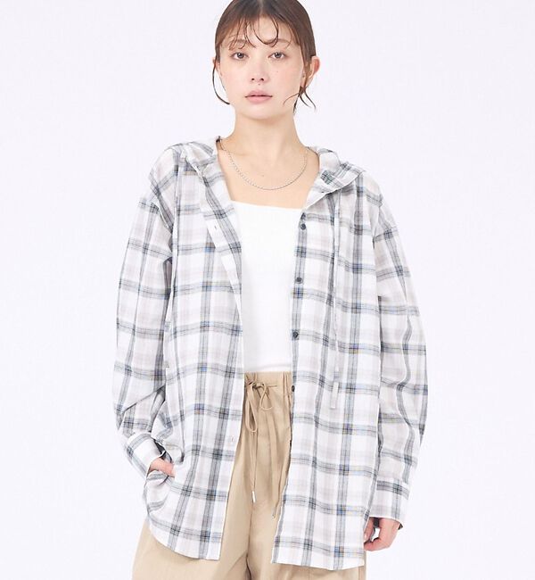 abahouse mavie「【シアー素材】チェックフードシャツ/春服/夏服/ゆったり/羽織り」|シャツ・ブラウス|ホワイト