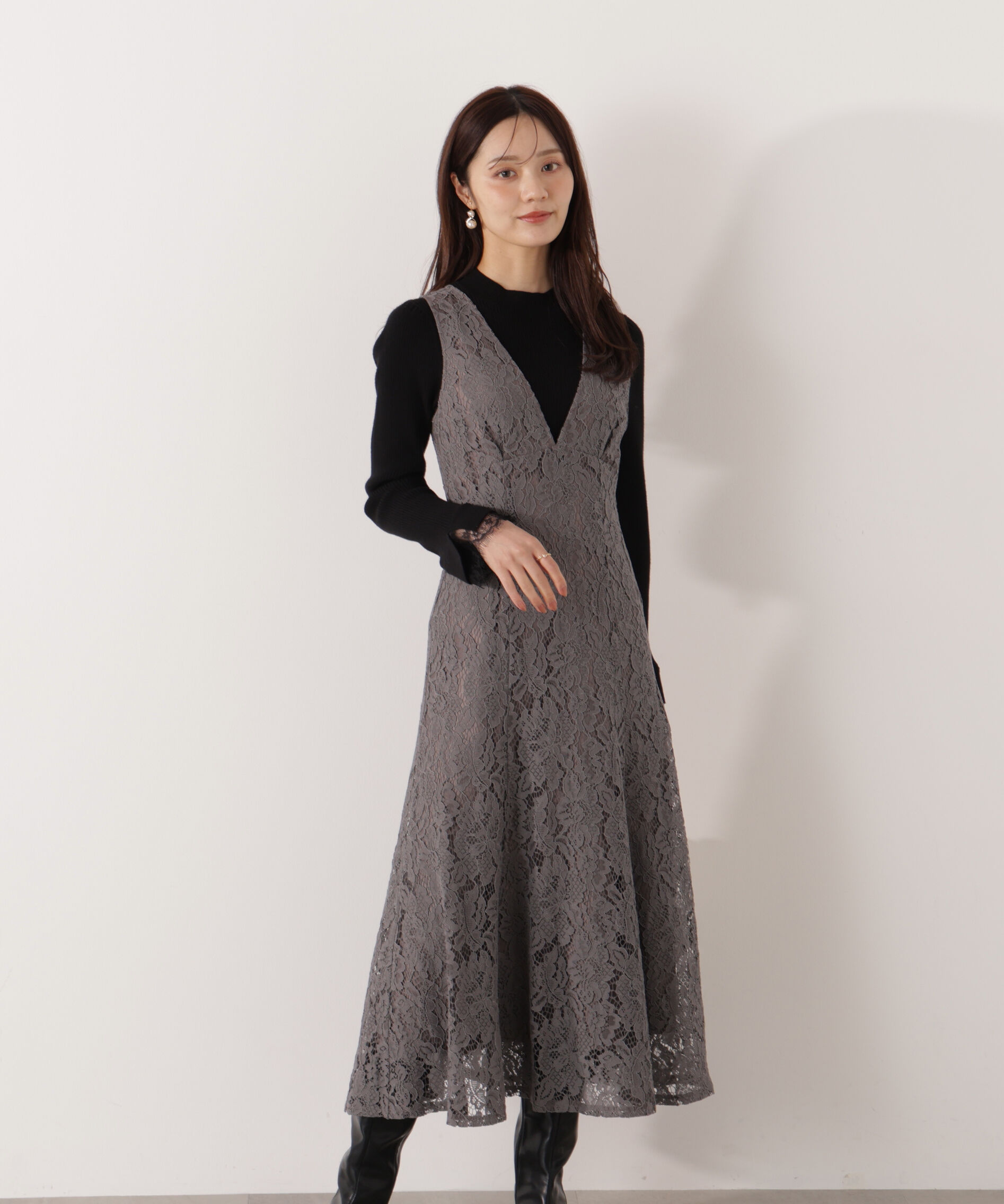 PROPORTION BODY DRESSING「Vネックレースジャンスカ 26SS」|ワンピース|チャコール2