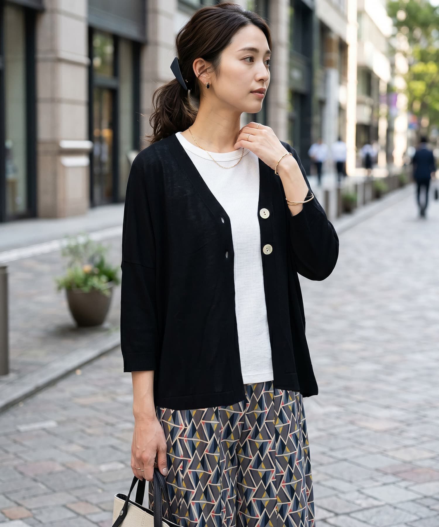 STYLE DELI「【LUXE】２ボタンゆったり７分袖カーディガンB」|カーディガン|ブラック
