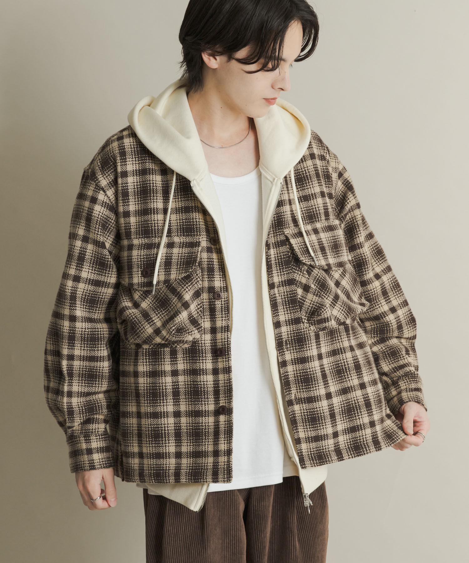 SENSE OF PLACE by URBAN RESEARCH「ヘビーネルチェックシャツジャケット」|ノーカラーコート|ブラウン
