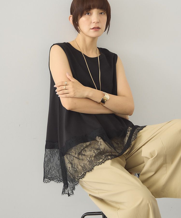 AMERICAN HOLIC「【接触冷感】裾レースノースリーブプルオーバー」|Tシャツ・カットソー|Black