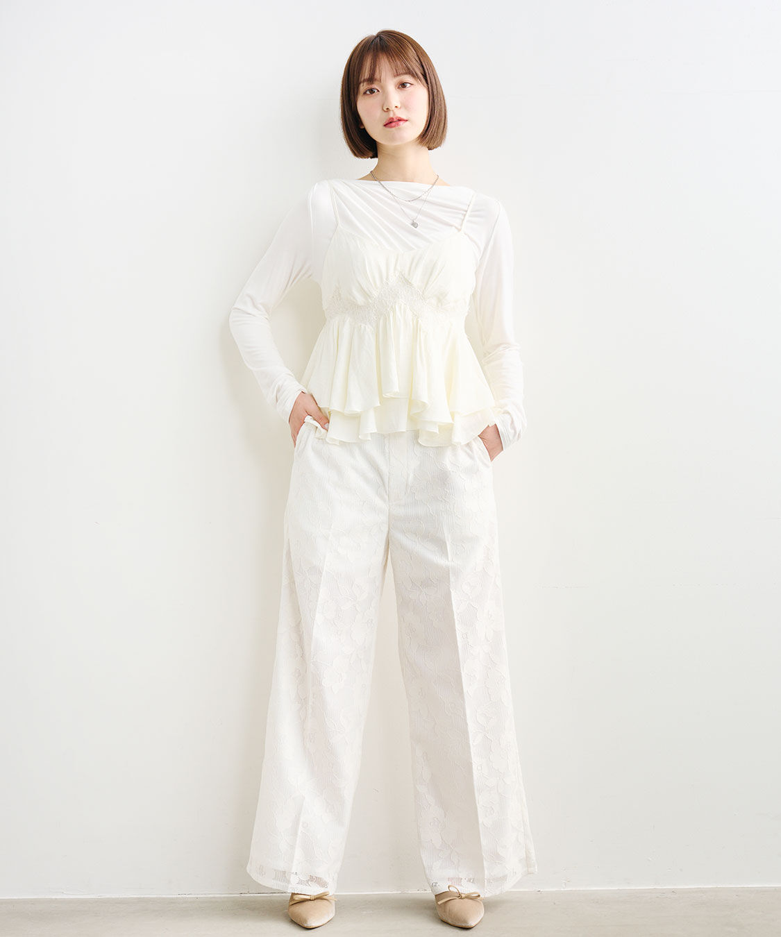 COCO DEAL「ハイウエストレースワイドパンツ」|スラックス|