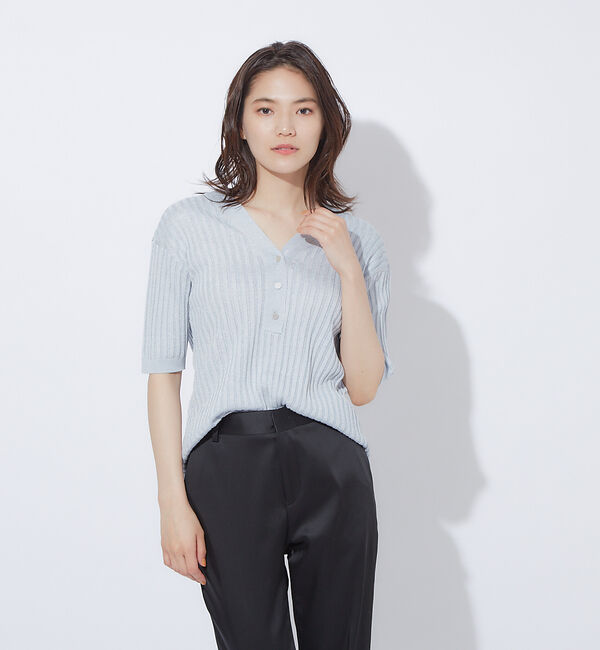 qualite「2WAY Vネックアシメニット」|ニット・セーター|サックスブルー