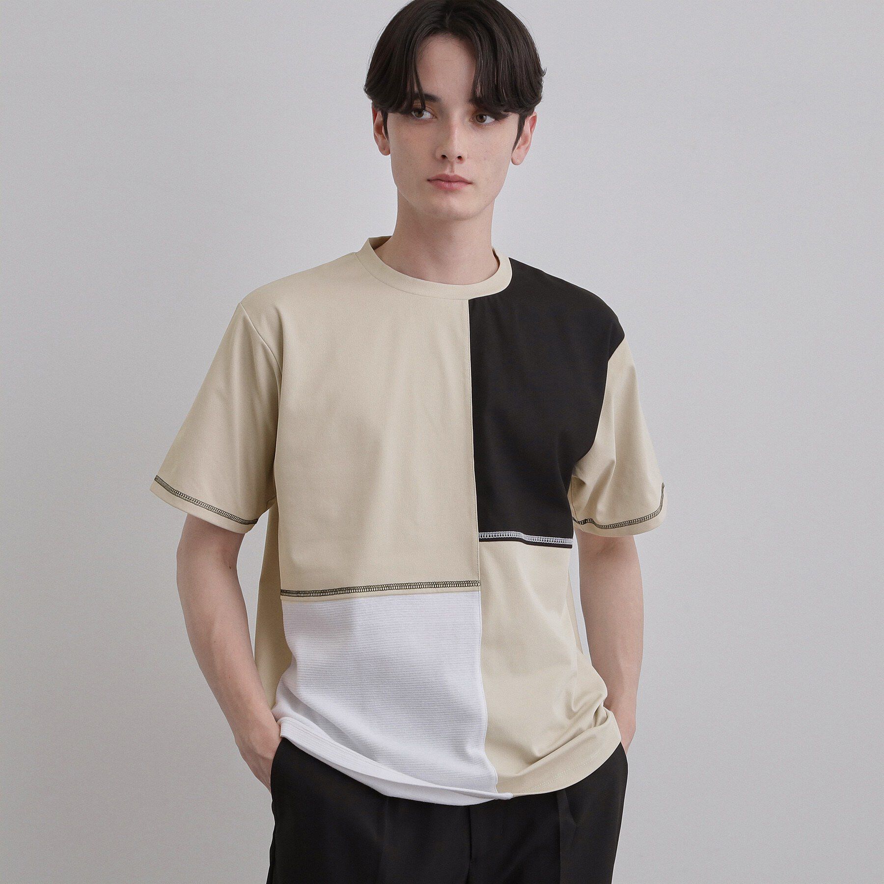 tk.TAKEO KIKUCHI「異素材ブロック切替Tシャツ」|Tシャツ・カットソー|グレージュ(550)