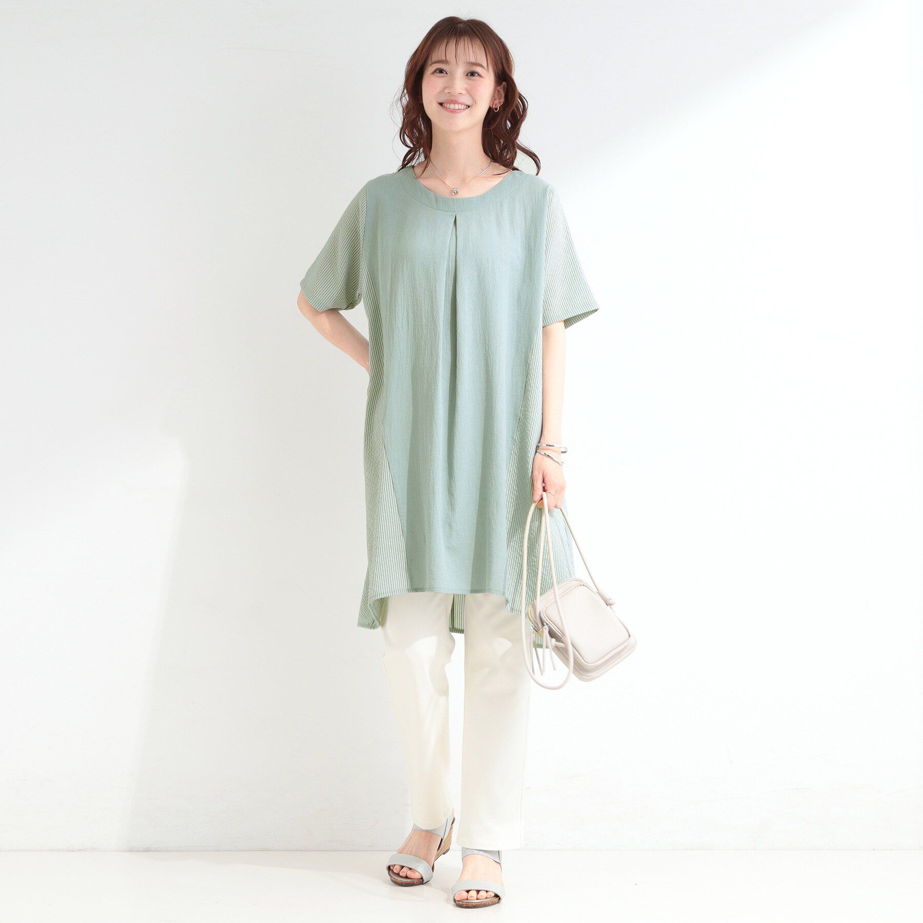 SHOO･LA･RUE「【洗濯機可】体型カバーにも 異素材切替 Aラインチュニックワンピース」|チュニック|