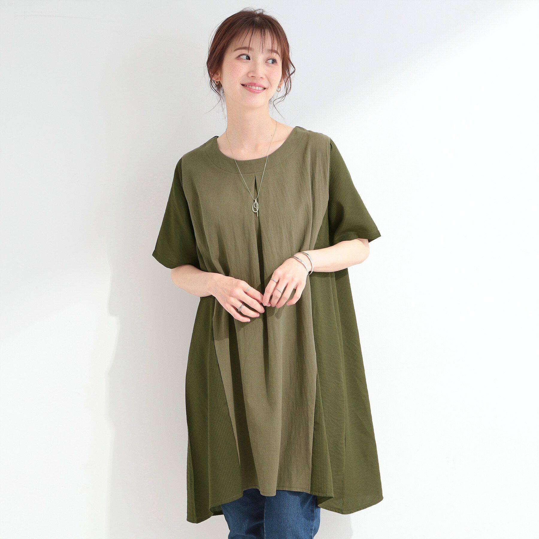 SHOO･LA･RUE「【洗濯機可】体型カバーにも 異素材切替 Aラインチュニックワンピース」|チュニック|