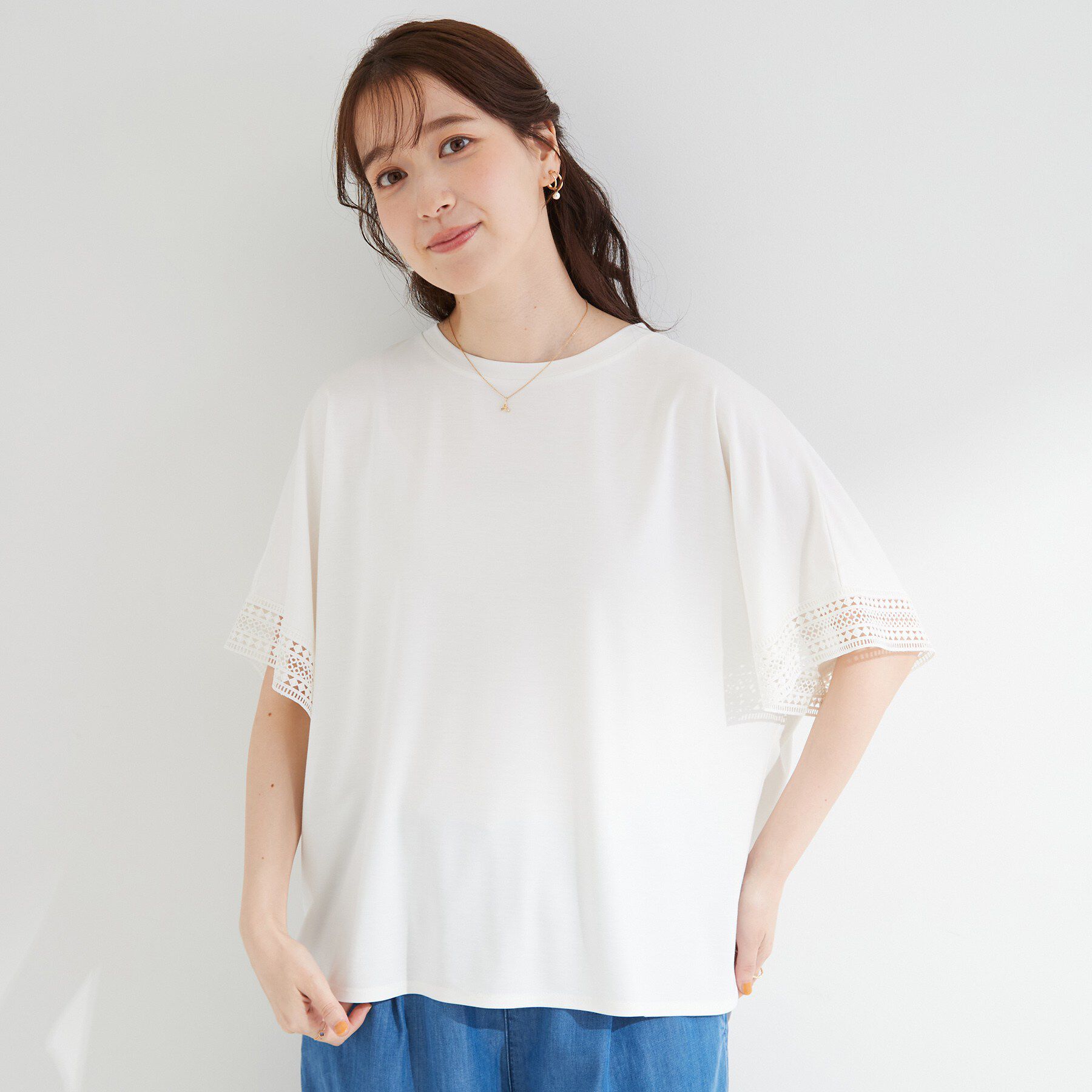 SHOO･LA･RUE「【ひんやり/UV】お袖レースが上品 ゆったりとろみトップス」|Tシャツ・カットソー|
