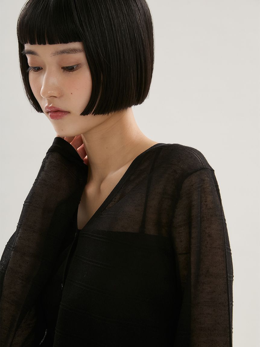 emmi atelier「リネン混Vネックシアーボーダーニットカーディガン/ハンドウォッシャブル」|カーディガン|