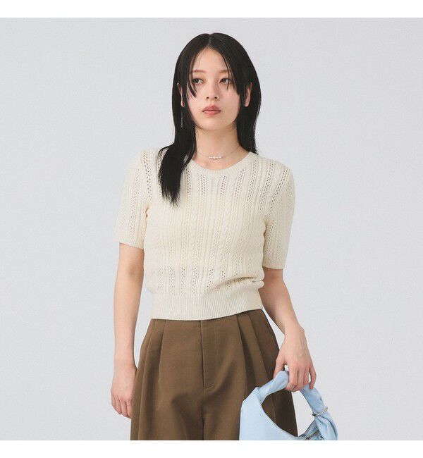 Ray BEAMS 「ケーブル ハーフスリーブ クルーネック」|ニット・セーター|OFF WHITE