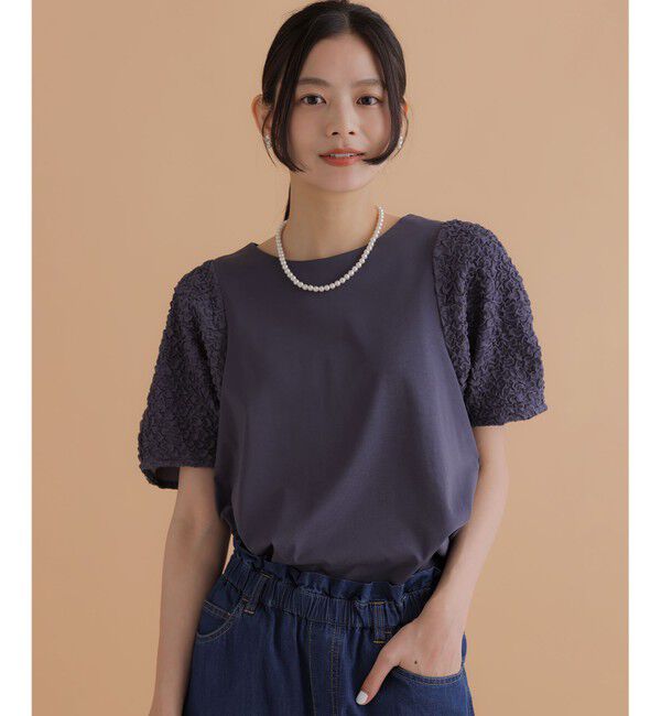 組曲「パフジャカードコンビジャージー パフスリーブカットソー」|Tシャツ・カットソー|グレー系