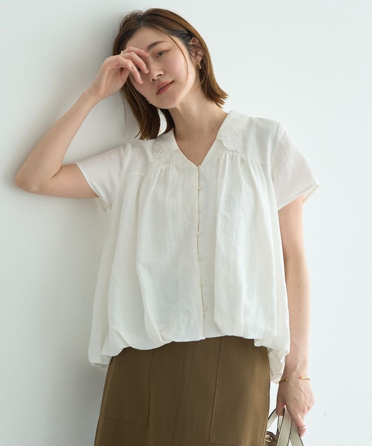 YECCA VECCA「刺繍カラーバルーンヘムブラウス」|シャツ・ブラウス|Off White