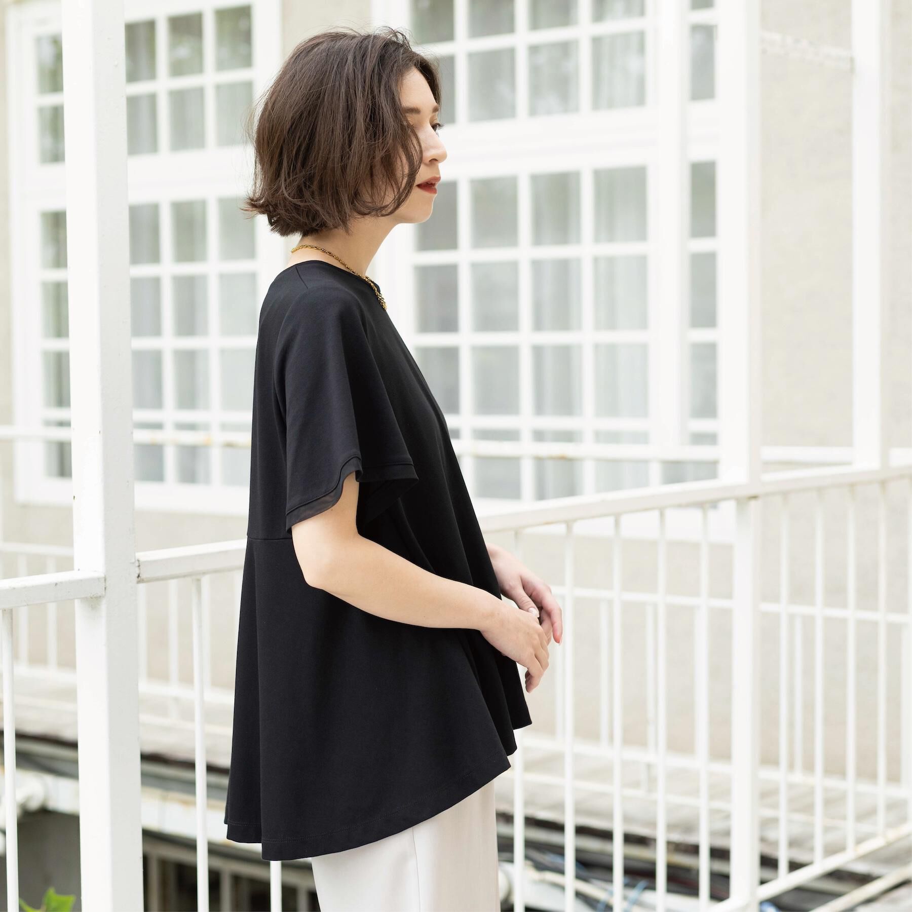 OPAQUE.CLIP「【UVケア／接触冷感】スーパーアイス 袖チュールペプラムカットソー《洗濯機OK》」|Tシャツ・カットソー|
