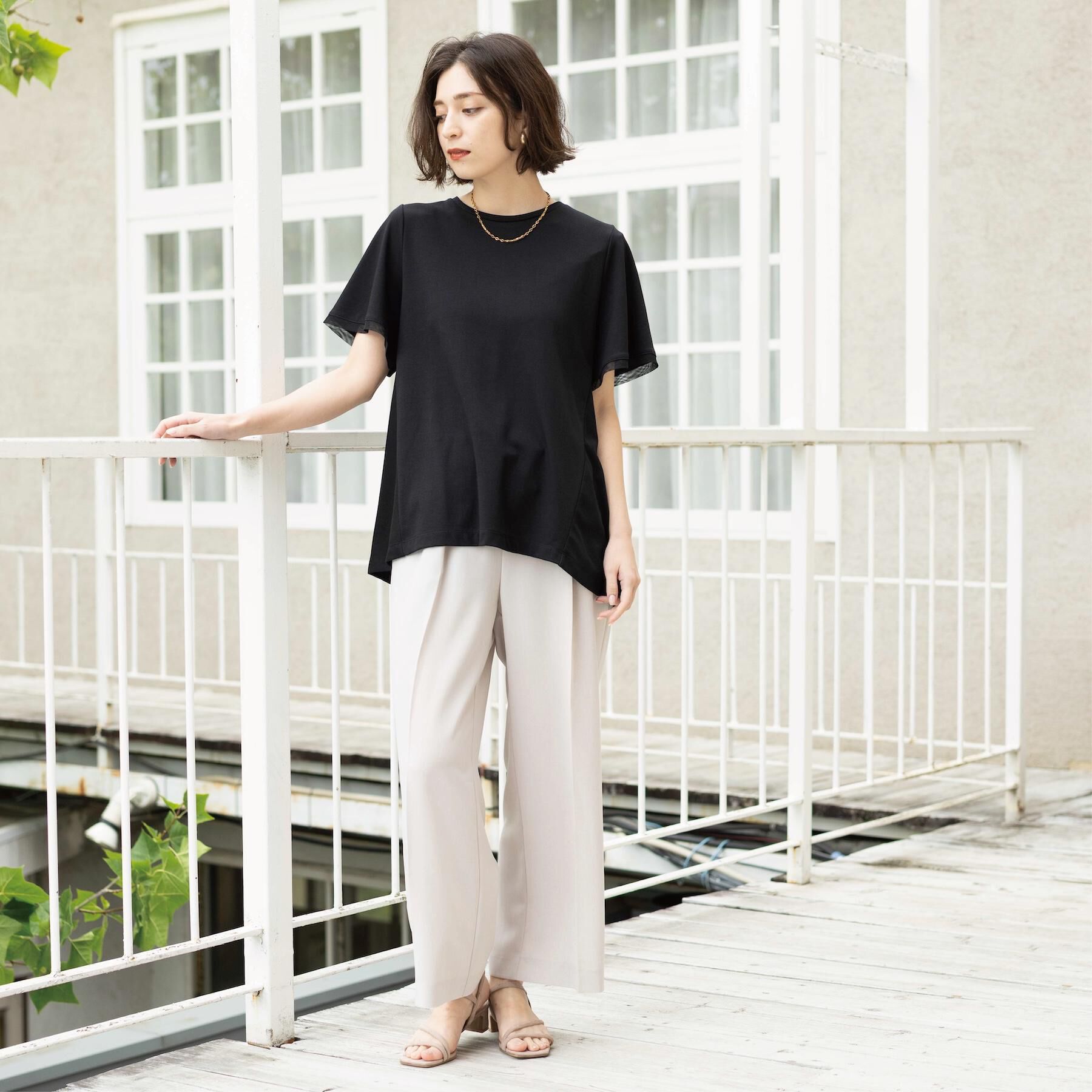 OPAQUE.CLIP「【UVケア／接触冷感】スーパーアイス 袖チュールペプラムカットソー《洗濯機OK》」|Tシャツ・カットソー|