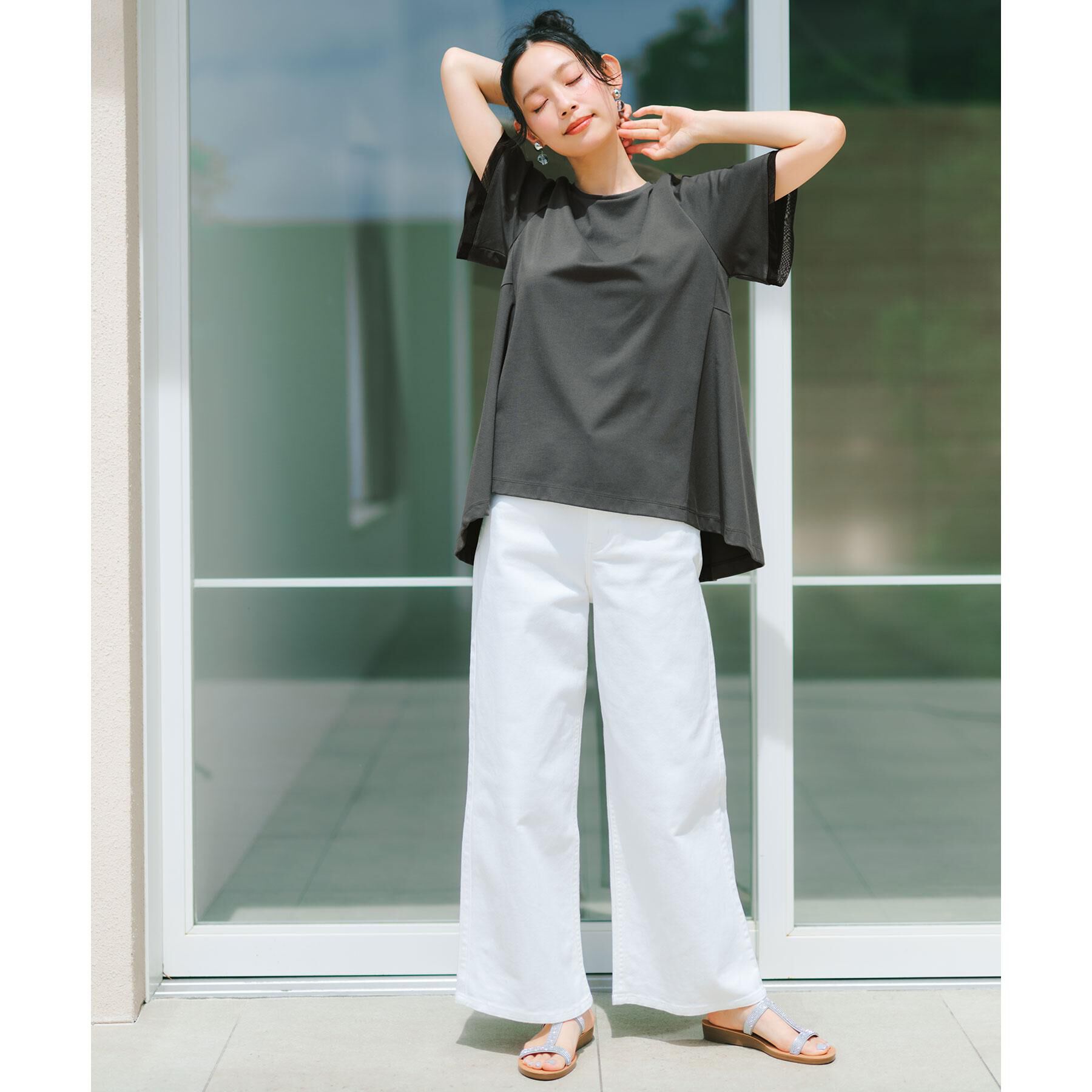 OPAQUE.CLIP「【UVケア／接触冷感】スーパーアイス 袖チュールペプラムカットソー《洗濯機OK》」|Tシャツ・カットソー|