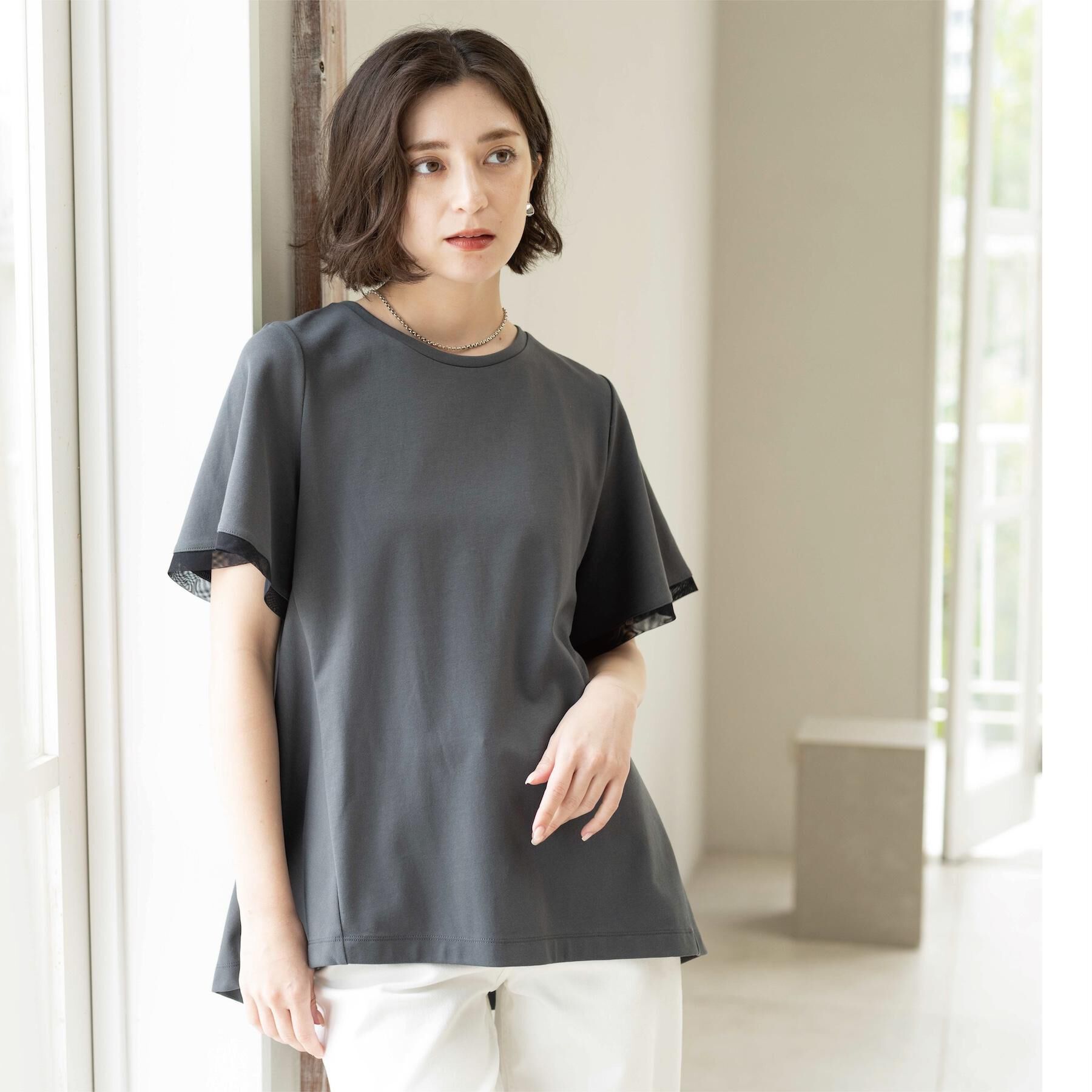 OPAQUE.CLIP「【UVケア／接触冷感】スーパーアイス 袖チュールペプラムカットソー《洗濯機OK》」|Tシャツ・カットソー|