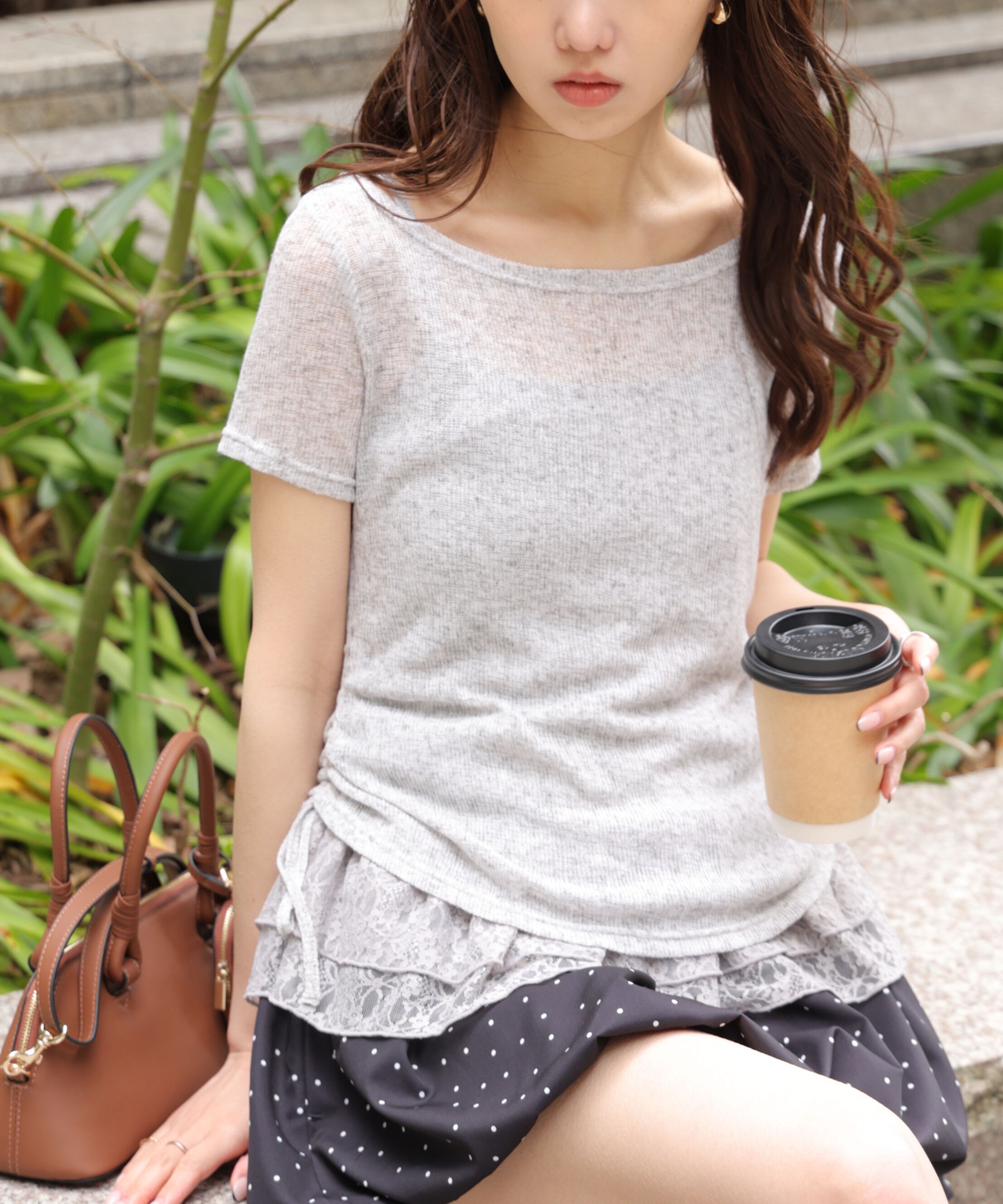  「メランジドロスト半袖レースティアードキャミセット」|Tシャツ・カットソー|グレー