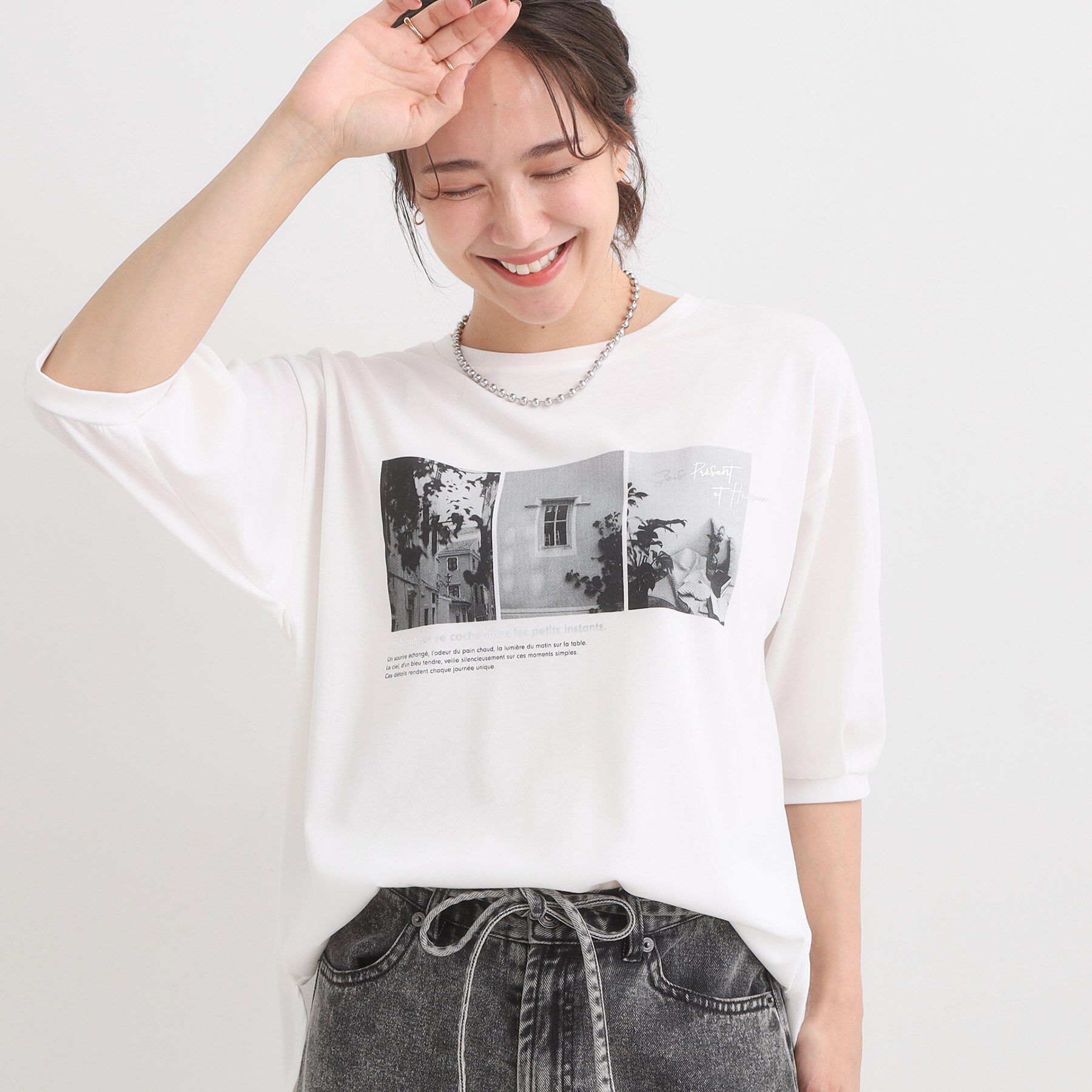 SHOO･LA･RUE「【ひんやり/S-LL】大人の五分袖プリントTシャツ」|Tシャツ・カットソー|オフホワイト(003