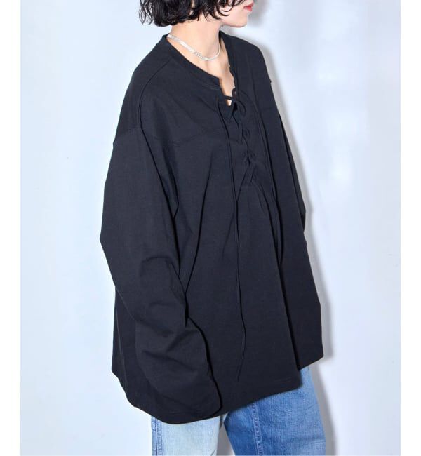  「《追加予約2》[THE MOOD]レースアップロングTシャツ」|Tシャツ・カットソー|ブラック