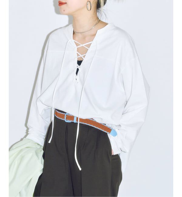  「《追加予約2》[THE MOOD]レースアップロングTシャツ」|Tシャツ・カットソー|
