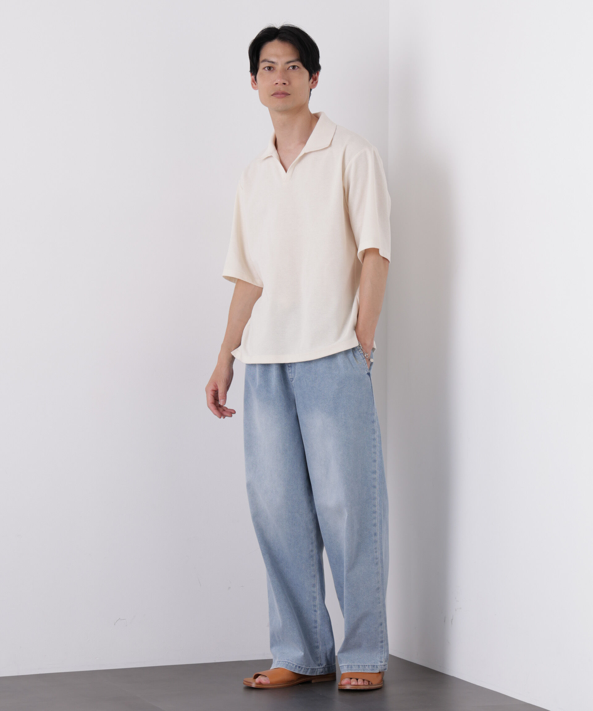 nano･universe「COOLLY DENIM ワイドイージーパンツ（接触冷感）」|チノ|