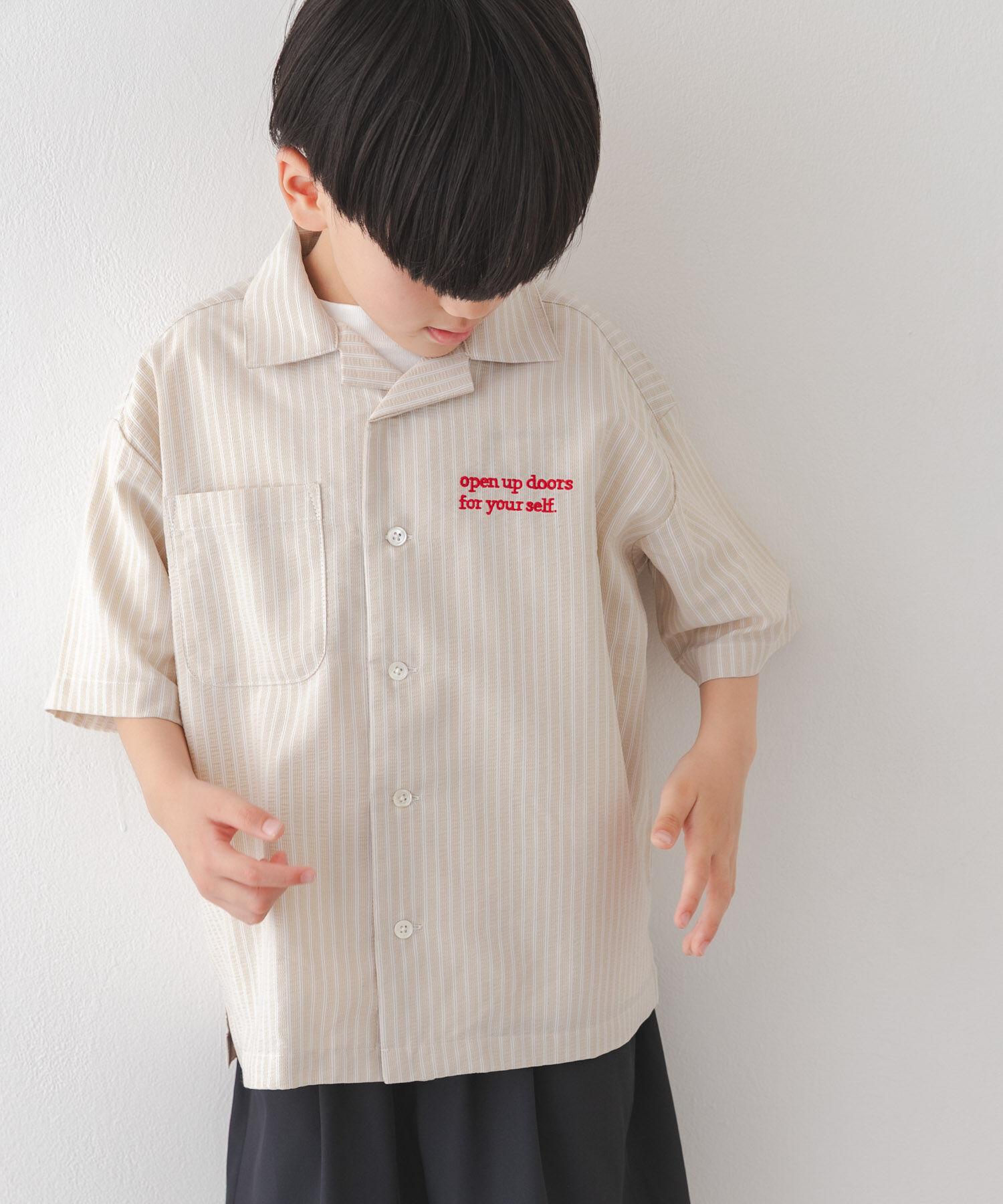 URBAN RESEARCH DOORS「『150サイズあり』ロゴ刺繍ストライプシャツ(KIDS)」|その他|ベージュ