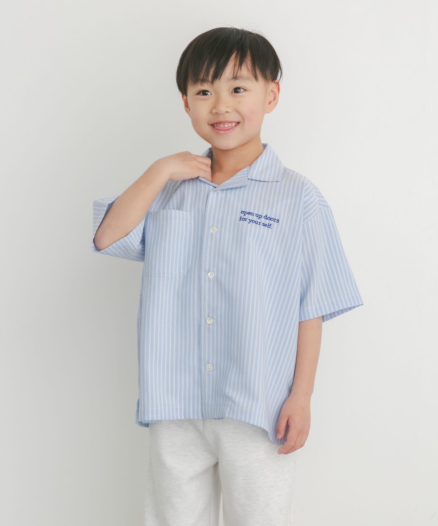 URBAN RESEARCH DOORS「『150サイズあり』ロゴ刺繍ストライプシャツ(KIDS)」|その他|ブルー