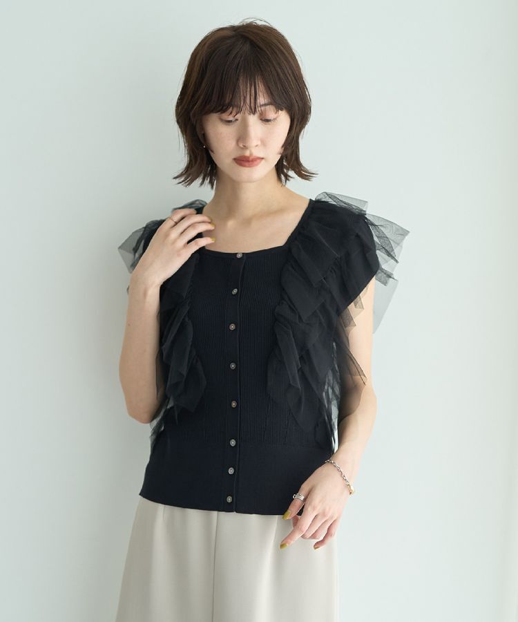 YECCA VECCA「チュールラッフルノースリーブカーディガン」|カーディガン|