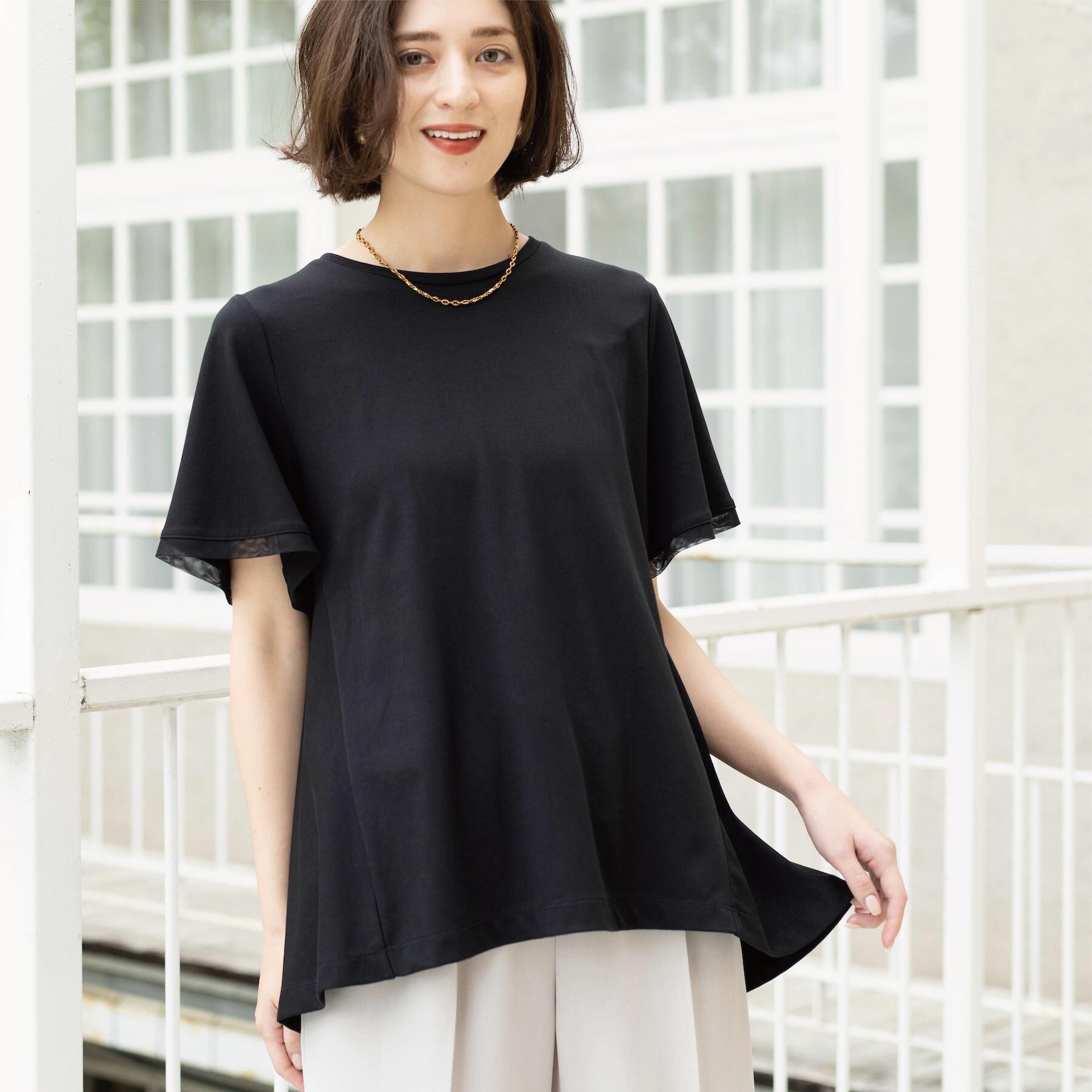 OPAQUE.CLIP「【UVケア／接触冷感】スーパーアイス 袖チュールペプラムカットソー《洗濯機OK》」|Tシャツ・カットソー|