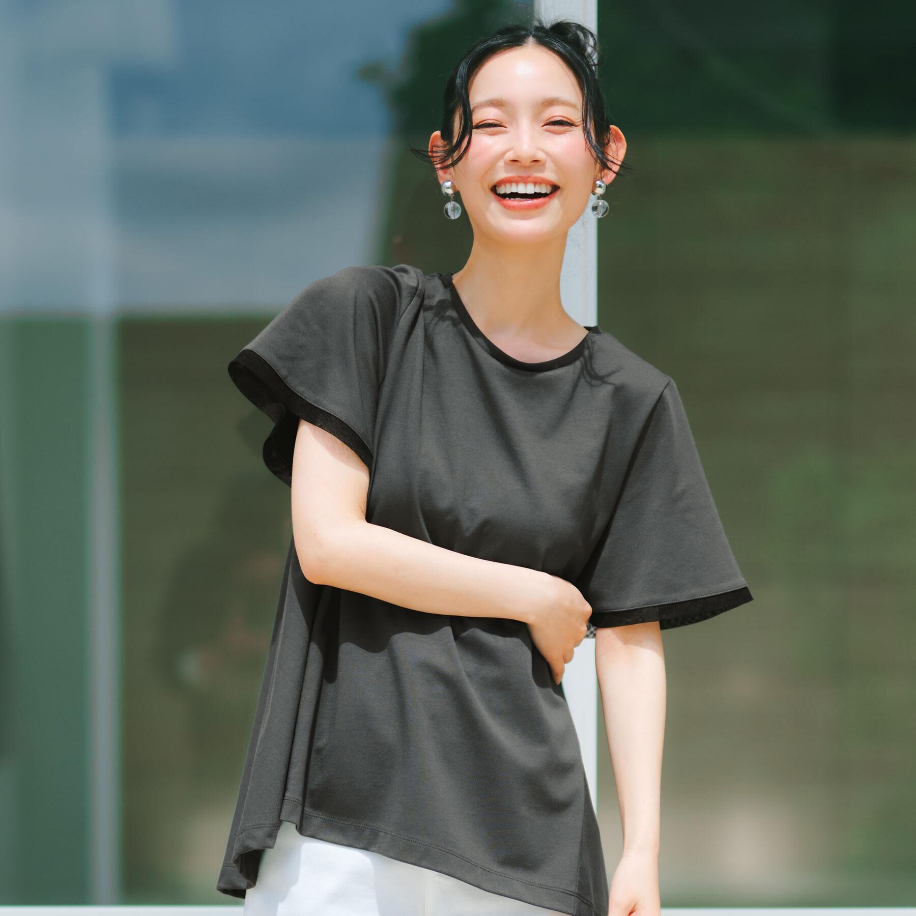 OPAQUE.CLIP「【UVケア／接触冷感】スーパーアイス 袖チュールペプラムカットソー《洗濯機OK》」|Tシャツ・カットソー|