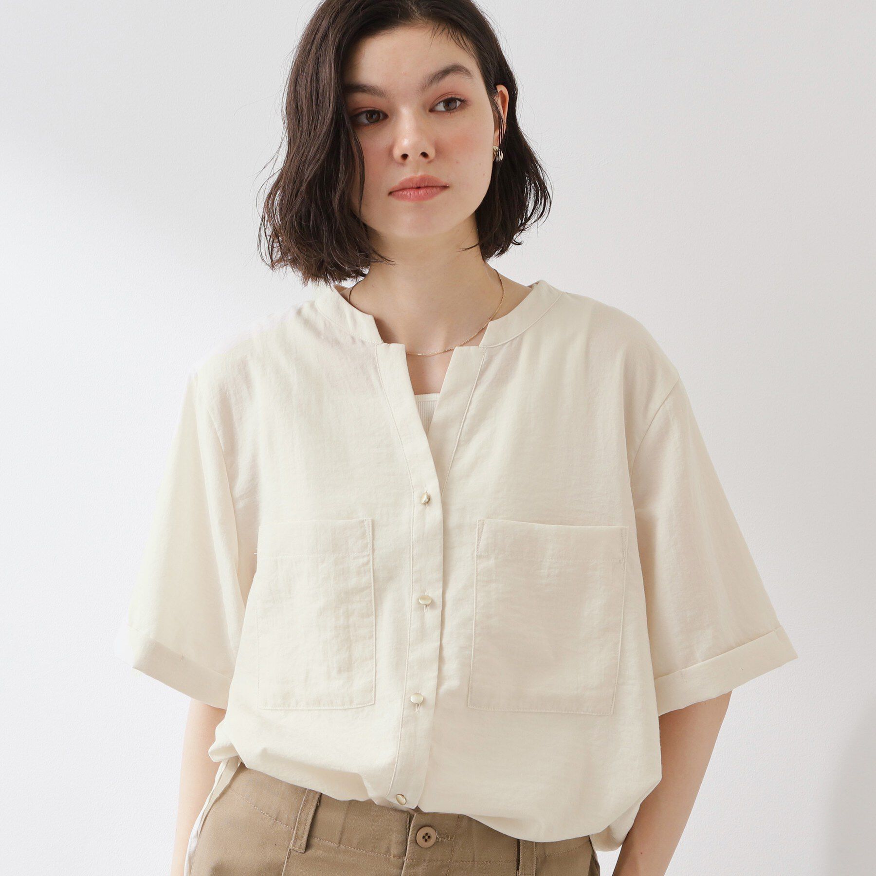 THE SHOP TK「【M-XL/さりげなく体型カバー】5分袖Wポケットシャツ」|シャツ・ブラウス|アイボリー(004)