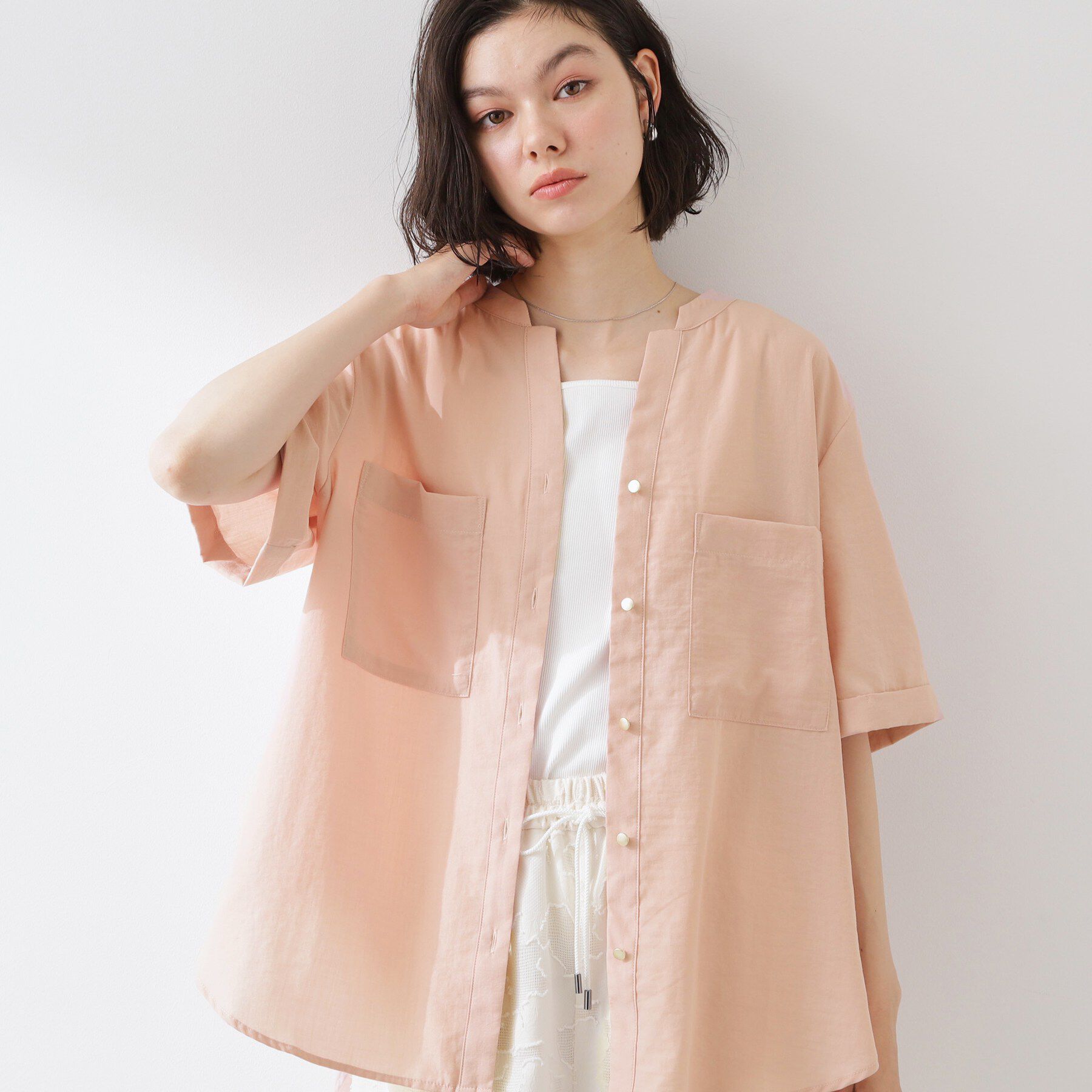 THE SHOP TK「【M-XL/さりげなく体型カバー】5分袖Wポケットシャツ」|シャツ・ブラウス|ピンク(072)