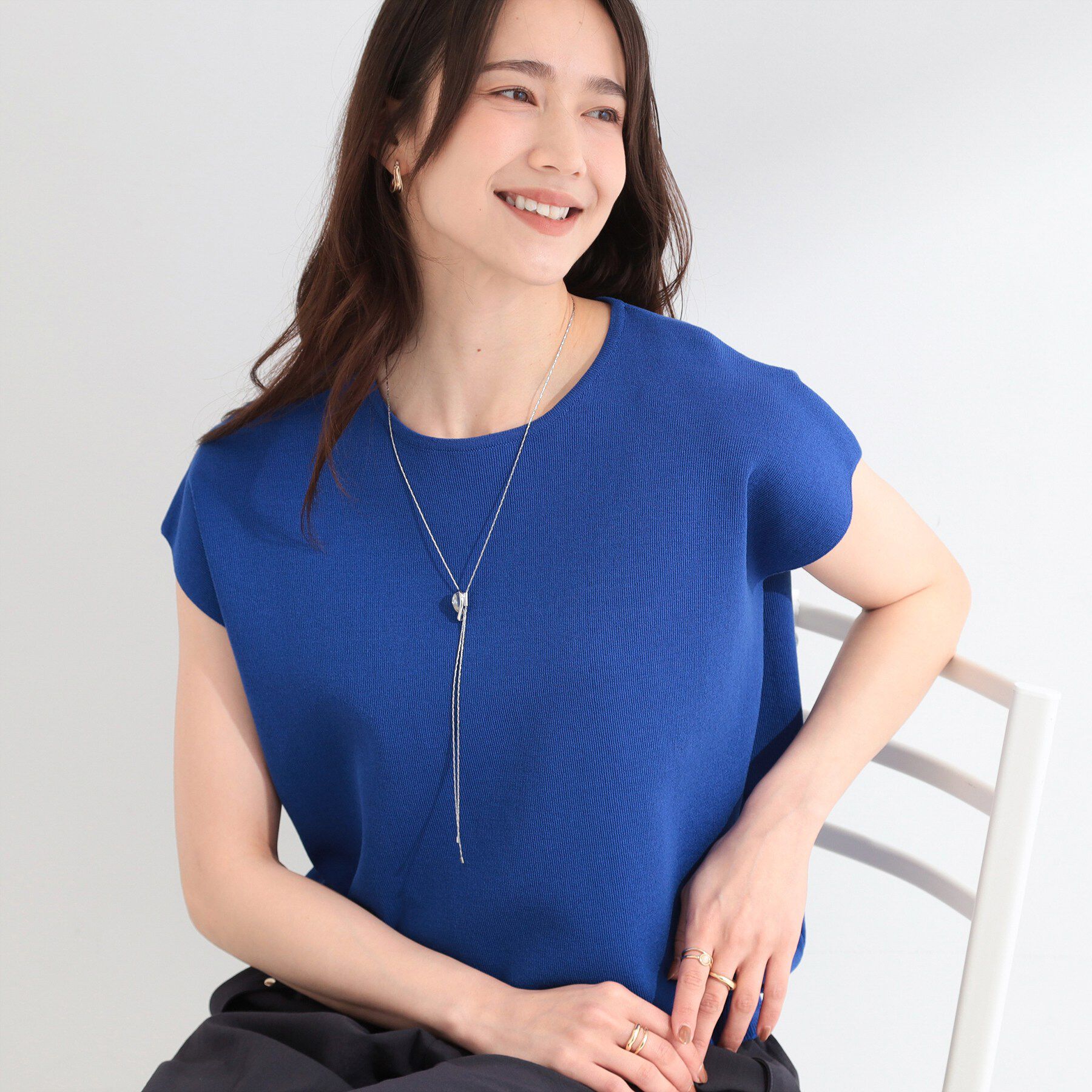 SHOO･LA･RUE「【ひんやり/洗濯機可/S-LL】インせず着られる 大人シンプルサマーニット」|ニット・セーター|ブルー(093)