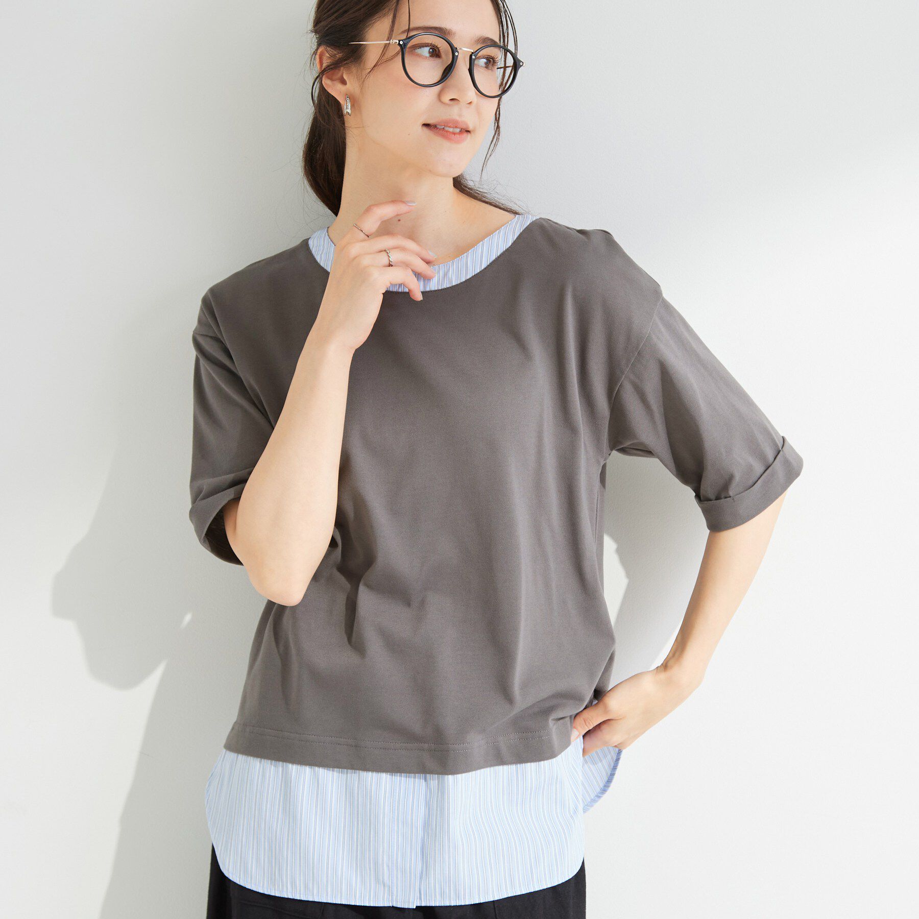 SHOO･LA･RUE「シャツドッキングカットソー」|Tシャツ・カットソー|チャコールグレー(3