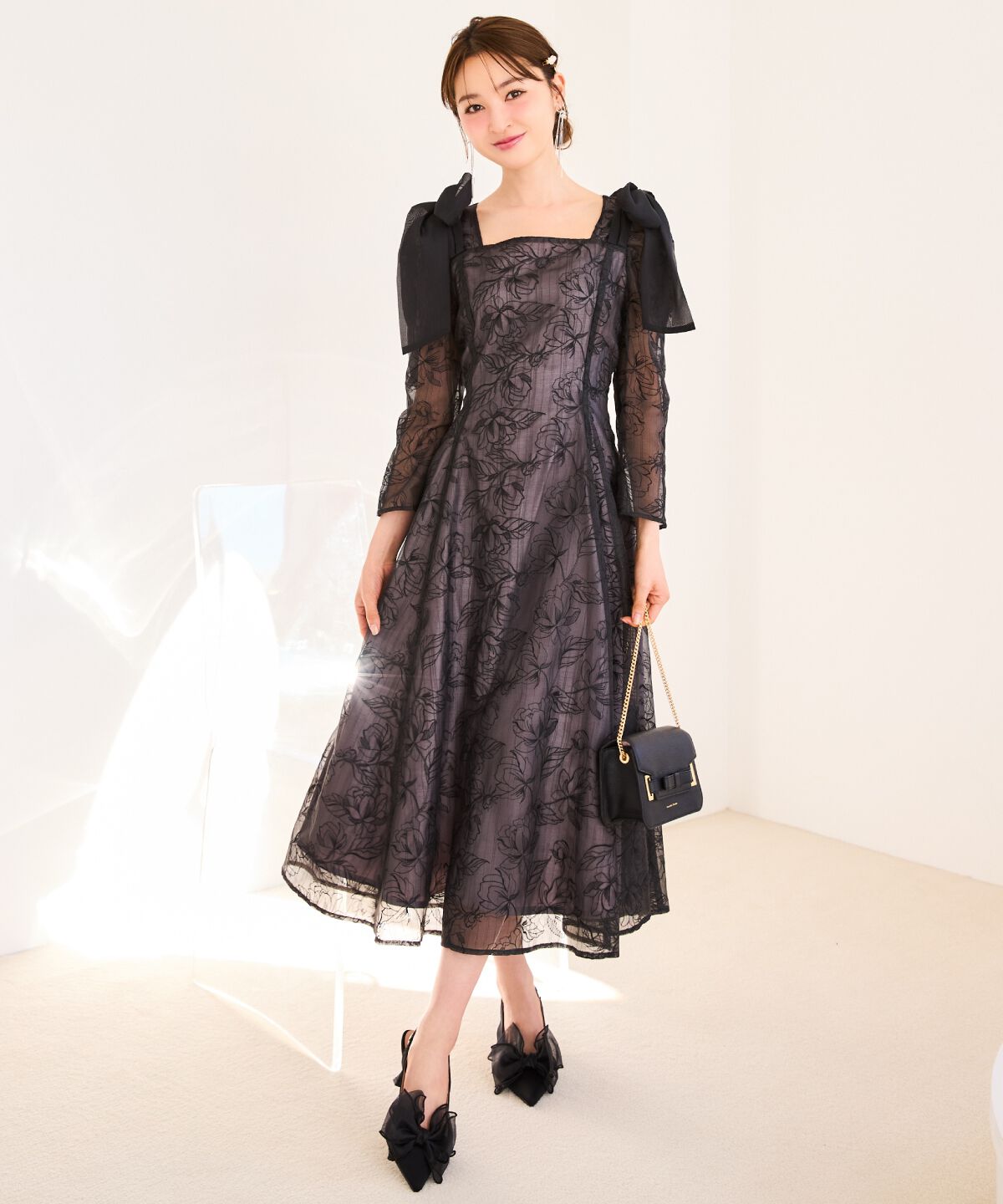 WILLSELECTION「フラワー刺繍肩リボンドレス」|ドレス|ブラック