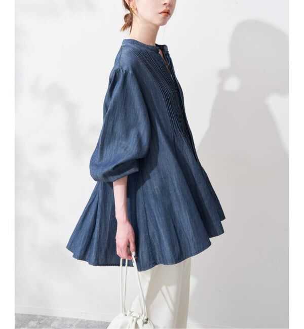 SLOBE IENA「《WEB限定/追加》LEDENIM ボサム ペプラムデニムブラウス」|シャツ・ブラウス|ネイビー