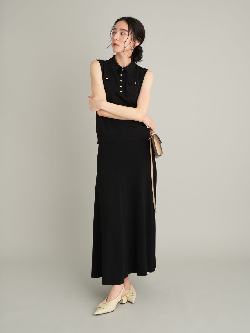 Mila Owen「【WEB限定カラー】【UVカット】金釦ノースリポロニットスカートSET UP」|ワンピース|BLK