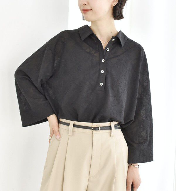 SHIPS for women「《予約》【WEB限定】〈手洗い可能〉シアー ジャカード ポロ ワイド スリーブ プルオーバー」|ポロシャツ|ブラック