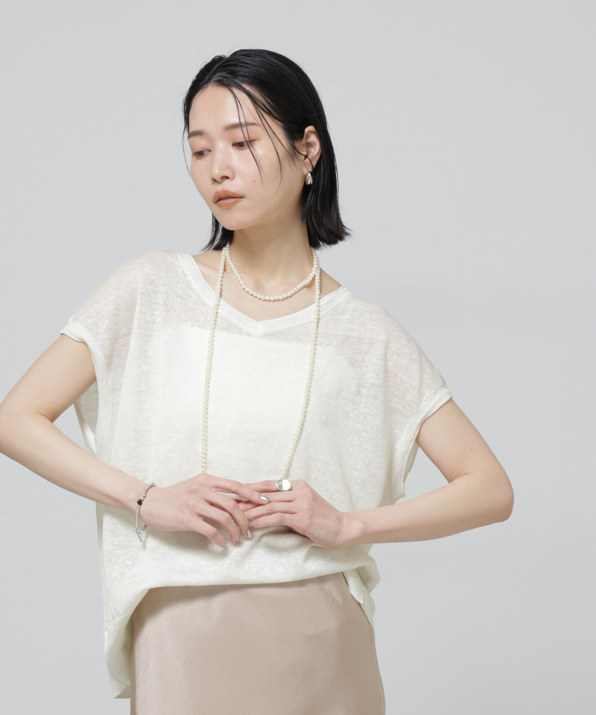 nano･universe「European Flax 2wayフレンチスリーブニット」|ニット・セーター|ホワイト