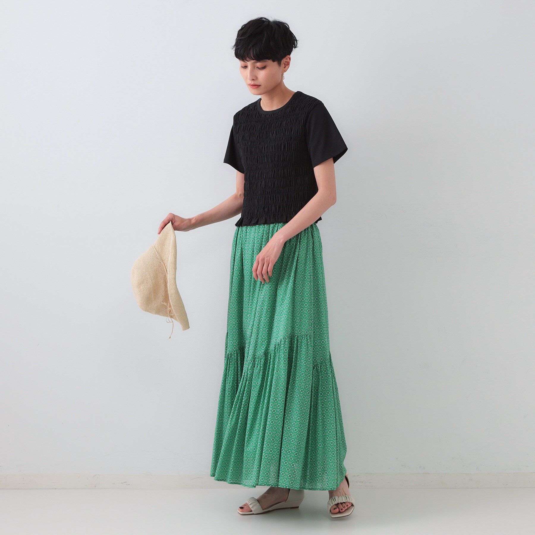 OPAQUE.CLIP「シャーリングショートTシャツ【洗濯機洗い可】」|Tシャツ・カットソー|