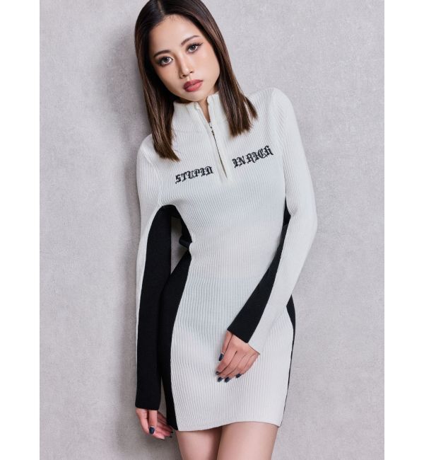 GYDA「BICOLOR WIDE LINEハーフZIPニットワンピース」|ワンピース|オフホワイト