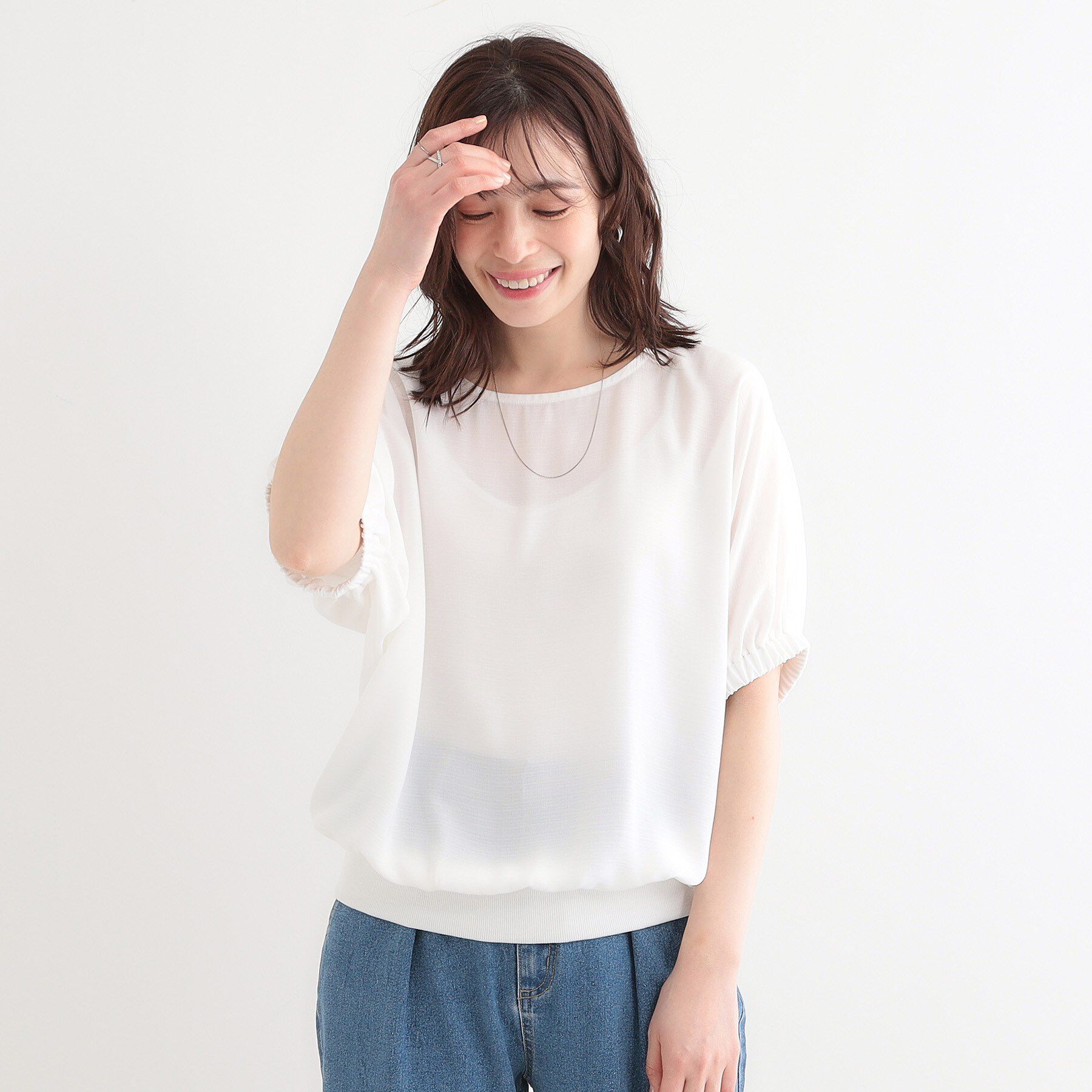 SHOO･LA･RUE「【高レビュー/UV/ひんやり/洗濯後しわになりにくい/5分袖】さらさら ドルマントップス」|シャツ・ブラウス|