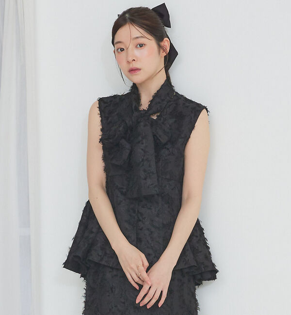 SELFIST「[大好評につき再入荷]タックペプラムジャガードジレ/リボン取り外し可能」|ベスト・ジレ|ブラック