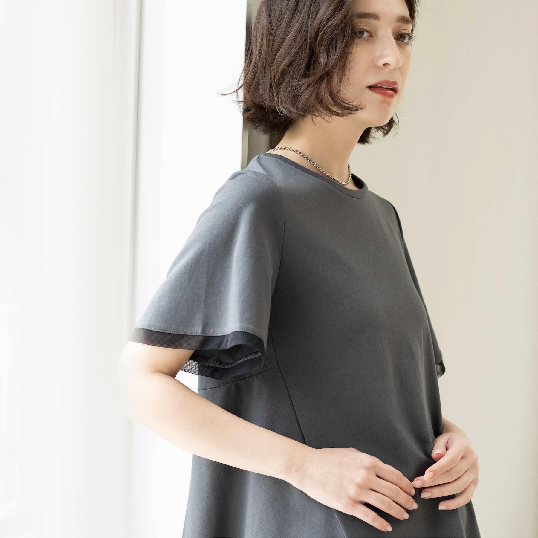 OPAQUE.CLIP「【UVケア／接触冷感】スーパーアイス 袖チュールペプラムカットソー《洗濯機OK》」|Tシャツ・カットソー|